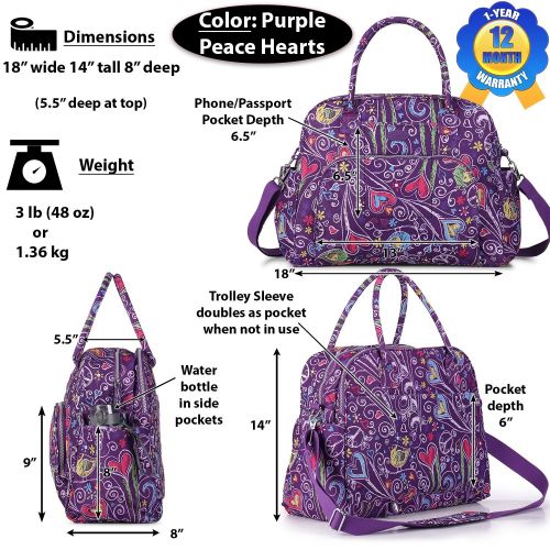  Lily & Drew Carry On Weekender Overnight Travel Shoulder Bag for 15.6 Inch Laptop Computers for Women (Purple-Peace-Hearts)