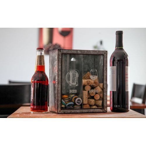  Lilys Home His and Hers Wine Cork and Beer Cap Holder, Makes The Ideal Gift for The Happy and Hydrated Couple, Galvanized Metal (7 3/8 x 4 x 8 3/4)