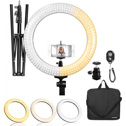  LimoStudio LED Ring Light 18-inch Diameter with Tripod Stand, Angle Adjusting Camera Holding Plate, Cell Phone Holding Clip, Color Filter Fabric Cover, Facial Beauty Photo Shooting