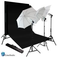 LimoStudio 900W Photography Portrait Photo Video Studio Light Kit, Triple Photography Umbrella Lighting with 6x9 Foot Black Backdrop Background Support Kit, AGG1127