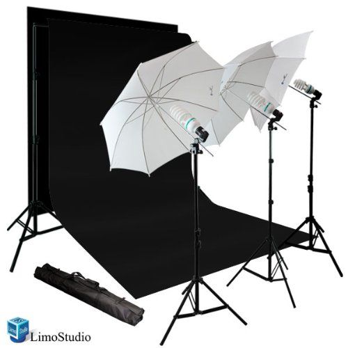  LimoStudio 900W Photography Portrait Photo Video Studio Light Kit, Triple Photography Umbrella Lighting with 6x9 Foot Black Backdrop Background Support Kit, AGG1127