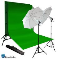 LimoStudio 900W Photography Portrait Photo Video Studio Light Kit, Triple Photography Umbrella Lighting with 6x9 Foot Green Chromakey Backdrop Background Support Kit, AGG1126