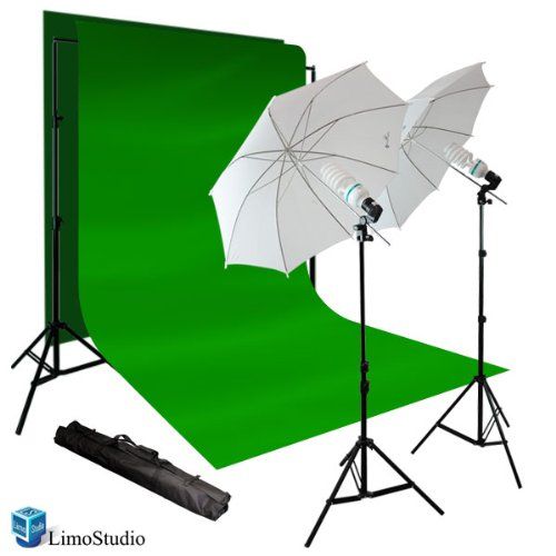  LimoStudio 900W Photography Portrait Photo Video Studio Light Kit, Triple Photography Umbrella Lighting with 6x9 Foot Green Chromakey Backdrop Background Support Kit, AGG1126