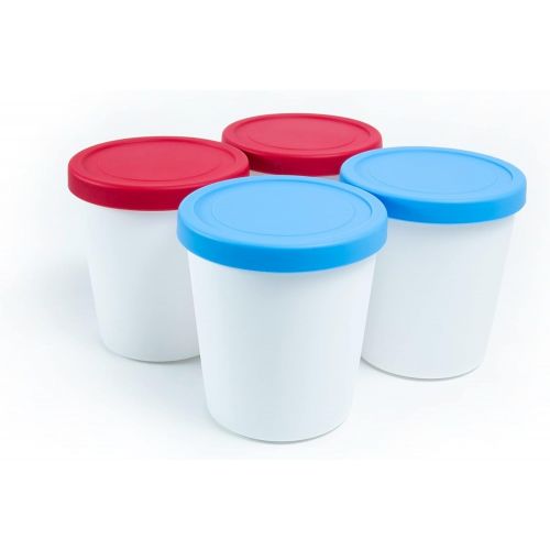  LIN Ice Cream Containers 4-Pack - 1Qt Reusable Round Storage Tubs for Homemade Ice Cream, Dessert, Gelato, Sorbet, 2 Red & 2 Blue Silicone Lids - Non-BPA Plastic Containers - Freez