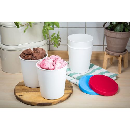  LIN Ice Cream Containers 4-Pack - 1Qt Reusable Round Storage Tubs for Homemade Ice Cream, Dessert, Gelato, Sorbet, 2 Red & 2 Blue Silicone Lids - Non-BPA Plastic Containers - Freez