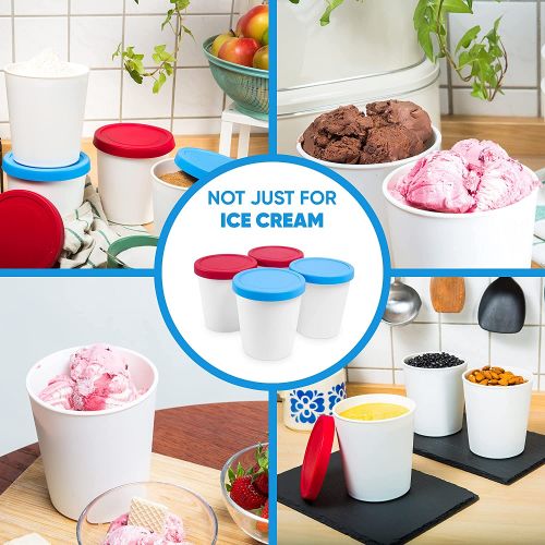  LIN Ice Cream Containers 4-Pack - 1Qt Reusable Round Storage Tubs for Homemade Ice Cream, Dessert, Gelato, Sorbet, 2 Red & 2 Blue Silicone Lids - Non-BPA Plastic Containers - Freez