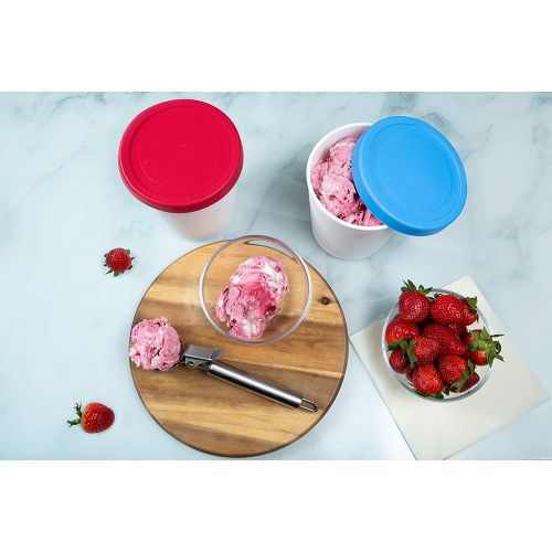  LIN Ice Cream Containers 4-Pack - 1Qt Reusable Round Storage Tubs for Homemade Ice Cream, Dessert, Gelato, Sorbet, 2 Red & 2 Blue Silicone Lids - Non-BPA Plastic Containers - Freez