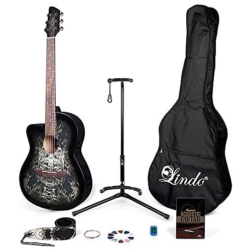  [아마존베스트]Lindo Gitarren Lindo 933C Alien Left Handed Acoustic Guitar with Accessory Kit (Gig Bag, Stand, Strings, Strap, 10 Picks, DVD, Clip-On Tuner) - Black