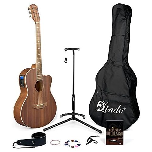  [아마존베스트]Lindo Gitarren Lindo Feeling Series Electro Acoustic Guitar with LCD Tuner XLR/Carry Case & Full Accessory Pack (Gig Bag, Stand, Strings, Strap, 10Plectrums, DVD, Capo)