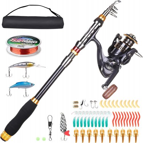  LineRike Fishing Rod and Reel Combos, Carbon Fiber Telescopic Fishing Pole with Spinning Reel,Line,Lure,Hooks,Carrier Bag Portable Travel Fishing Rod for Youth Adults Men Beginner