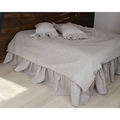  Linen Bed Skirt with Gathered Ruffles and Cotton Decking - Natural Linen Oatmeal, White, Grey, Pink, Blue Colors