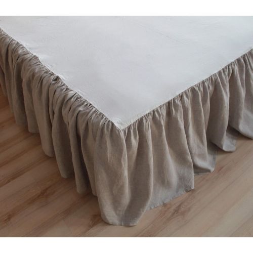  Linen Bed Skirt with Gathered Ruffles and Cotton Decking - Natural Linen Oatmeal, White, Grey, Pink, Blue Colors