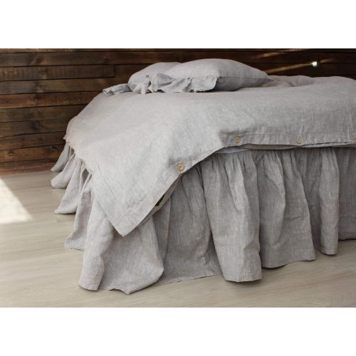  Linen Bed Skirt with Gathered Ruffles and Cotton Decking - Natural Linen Oatmeal, White, Grey, Pink, Blue Colors