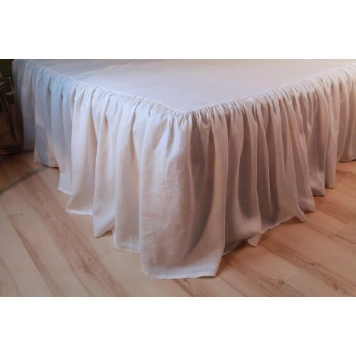  Linen Bed Skirt with Gathered Ruffles and Cotton Decking - Natural Linen Oatmeal, White, Grey, Pink, Blue Colors