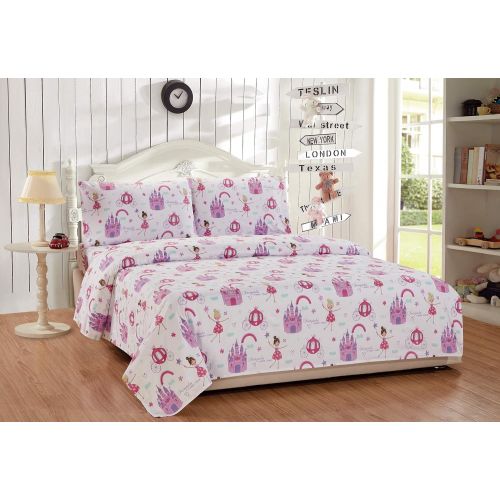  Linen Plus Full Size 7pc Comforter Set for Girls/Teens Fairy Tales Castle Princess Carriage Pink Lavender White New