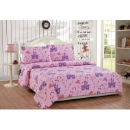 Linen Plus Twin Size 3pc Sheet Set Girls/Teens Princess Castle Palace Crowns Pink Lavender Purple