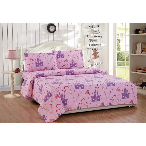  Linen Plus Twin Size 3pc Sheet Set Girls/Teens Princess Castle Palace Crowns Pink Lavender Purple