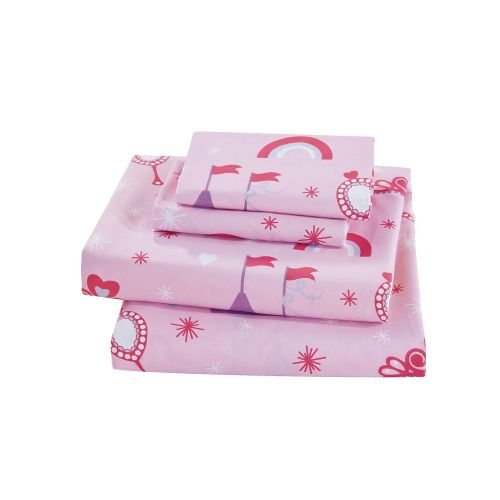  Linen Plus Twin Size 3pc Sheet Set Girls/Teens Princess Castle Palace Crowns Pink Lavender Purple