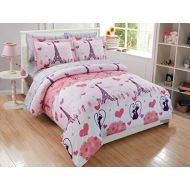 [아마존베스트]Linen Plus Twin Size 5pc Comforter Set for Girls/Teens Paris Eiffel Tower Hearts Grey Pink New