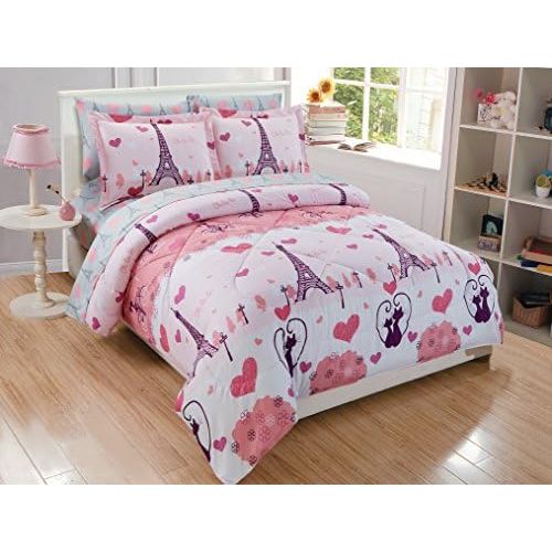  [아마존베스트]Linen Plus Twin Size 5pc Comforter Set for Girls/Teens Paris Eiffel Tower Hearts Grey Pink New