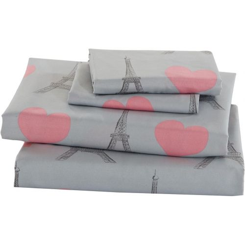  [아마존베스트]Linen Plus Twin Size 5pc Comforter Set for Girls/Teens Paris Eiffel Tower Hearts Grey Pink New