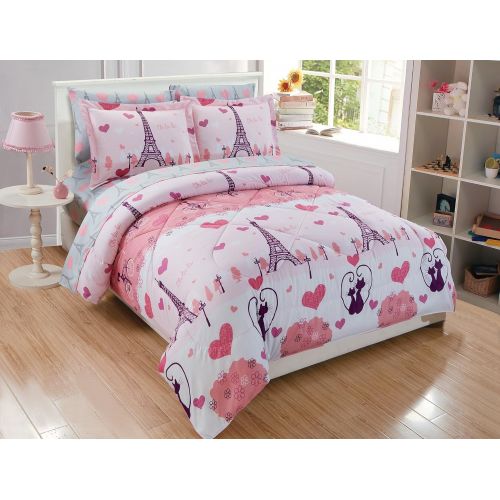  [아마존베스트]Linen Plus Twin Size 5pc Comforter Set for Girls/Teens Paris Eiffel Tower Hearts Grey Pink New