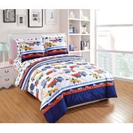 [아마존베스트]Linen Plus Twin Size 5pc Comforter Set for Kids Trucks Construction Blue Red Green Yellow White New