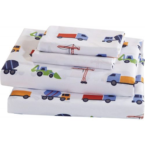  [아마존베스트]Linen Plus Twin Size 5pc Comforter Set for Kids Trucks Construction Blue Red Green Yellow White New