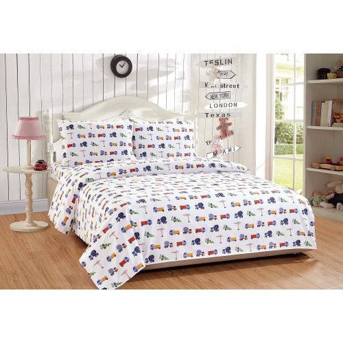  [아마존베스트]Linen Plus Twin Size 5pc Comforter Set for Kids Trucks Construction Blue Red Green Yellow White New