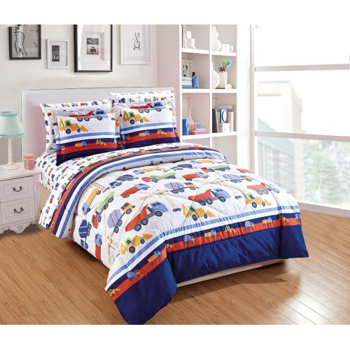  [아마존베스트]Linen Plus Twin Size 5pc Comforter Set for Kids Trucks Construction Blue Red Green Yellow White New