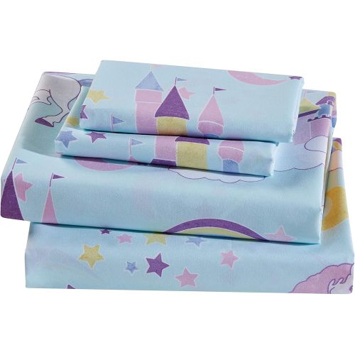  Linen Plus Sheet Set for Girls/Teens Unicorn Rainbow Castle Blue Purple Yellow White Flat Sheet Fitted Sheet and Pillow Cases Queen Size New