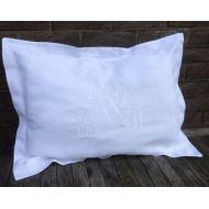 LinenAndLetters White 100% Linen King Pillow Sham, Custom Embroidered Centre Monogram Luxury Oxford Pillowcase Bedding, Personalized, Heirloom Wedding Gift