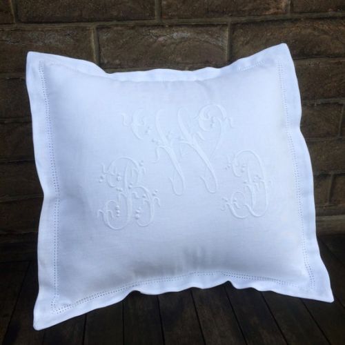  LinenAndLetters White Linen Monogram Pillow, 16 x 16 Personalized Machine Embroidery, Hemstitch Throw Bed Pillow, Scatter Cushion, Heirloom Wedding Gift
