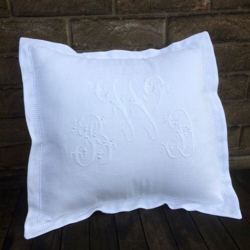  LinenAndLetters White Linen Monogram Pillow, 16 x 16 Personalized Machine Embroidery, Hemstitch Throw Bed Pillow, Scatter Cushion, Heirloom Wedding Gift