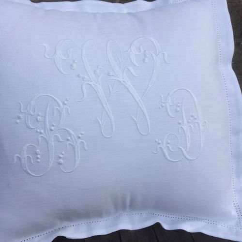  LinenAndLetters White Linen Monogram Pillow, 16 x 16 Personalized Machine Embroidery, Hemstitch Throw Bed Pillow, Scatter Cushion, Heirloom Wedding Gift