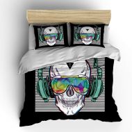 Linenspa SHOMPE Music Skull Bedding Sets Full Size,Kids White Stripes Punk Rocker Headphones Skull Duvet Cover Set with Pillowcases for Teens Boys Girls,NO Comforter