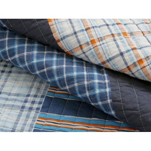  Linenspa Cozy Line Home Fashions Bennett Quilt Bedding Set, Navy Orange Grid Striped Print 100% Cotton Reversible Coverlet Bedspread for Boy/Men/Him (Navy/Orange, Twin - 2 Piece)