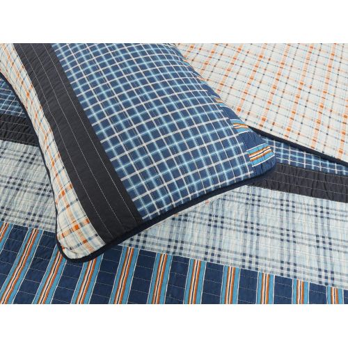  Linenspa Cozy Line Home Fashions Bennett Quilt Bedding Set, Navy Orange Grid Striped Print 100% Cotton Reversible Coverlet Bedspread for Boy/Men/Him (Navy/Orange, Twin - 2 Piece)