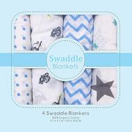 Linenwala Muslin Swaddle Blankets - Soft Silky 100% Muslin Cotton Swaddle Blanket for Baby, Large 47 x 47 inches, Set of 4- Zig Zag, Polka, Star & Monkey Print in Blue Pattern