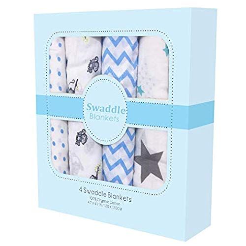  Linenwala Muslin Swaddle Blankets - Soft Silky 100% Muslin Cotton Swaddle Blanket for Baby, Large 47 x 47 inches, Set of 4- Zig Zag, Polka, Star & Monkey Print in Blue Pattern