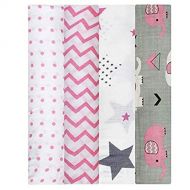 Linenwala Muslin Swaddle Blankets - Soft Silky 100% Muslin Cotton Swaddle Blanket for Baby, Large 47 x 47 inches, Set of 4- Zig Zag, Polka, Star & Elephant Print in Pink Pattern