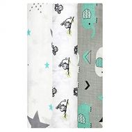 Linenwala Muslin Swaddle Blankets - Soft Silky 100% Muslin Cotton Swaddle Blanket for Baby, Large 47 x 47 inches, Set of 4- Zig Zag, Polka, Star & Monkey Print in Blue Pattern