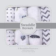 Linenwala Muslin Swaddle Blankets - Soft Silky 100% Muslin Cotton Swaddle Blanket for Baby, Large 47 x 47 inches, Set of 4- Zig Zag, Polka, Wing & Monkey Print in Grey Pattern