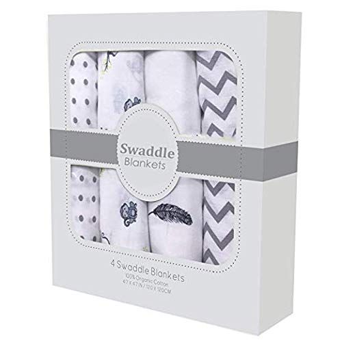  Linenwala Muslin Swaddle Blankets - Soft Silky 100% Muslin Cotton Swaddle Blanket for Baby, Large 47 x 47 inches, Set of 4- Zig Zag, Polka, Wing & Monkey Print in Grey Pattern