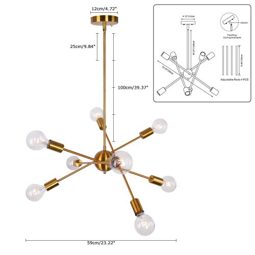  Lingkai Sputnik Chandelier Lighting Modern 8-Light Pendant Light Brushed Brass Chandelier Kitchen Island Light Vintage Ceiling Light Fixture