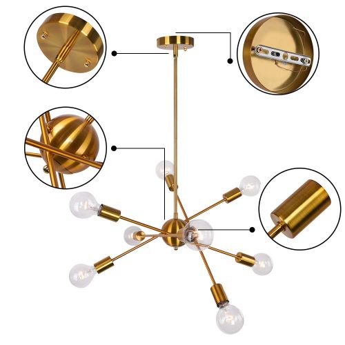  Lingkai Sputnik Chandelier Lighting Modern 8-Light Pendant Light Brushed Brass Chandelier Kitchen Island Light Vintage Ceiling Light Fixture