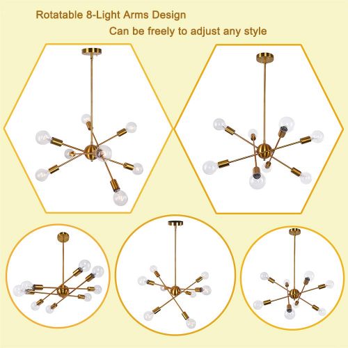  Lingkai Sputnik Chandelier Lighting Modern 8-Light Pendant Light Brushed Brass Chandelier Kitchen Island Light Vintage Ceiling Light Fixture