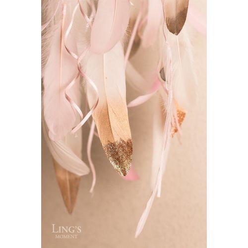  Lings moment Handmade Feather Dream Catchers for Kids Baby Crib Mobile LED Fairy Lights Macrame Wall Hanging Ornaments with Pink Blue Feathers Boho Decoration Baby Shower Boho Nurs