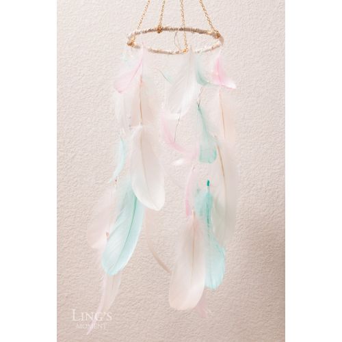  Lings moment Handmade Feather Dream Catchers for Kids Baby Crib Mobile LED Fairy Lights Macrame Wall Hanging Ornaments with Pink Blue Feathers Boho Decoration Baby Shower Boho Nurs
