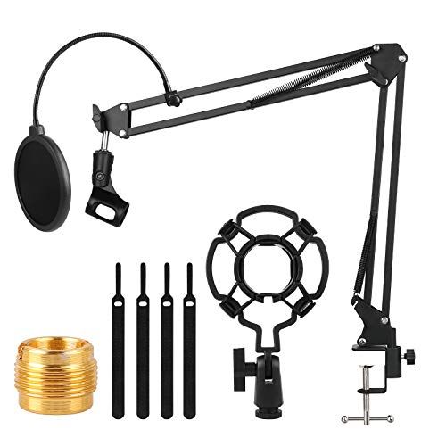  Linkstyle Microphone Stand, Adjustable Suspension Boom Scissor Arm Stand with 3/8 to 5/8 Screw Adapter, Mic Clip, Shock Mount, Pop Filter, Mic Cover Foam, and Cable Ties, for Most